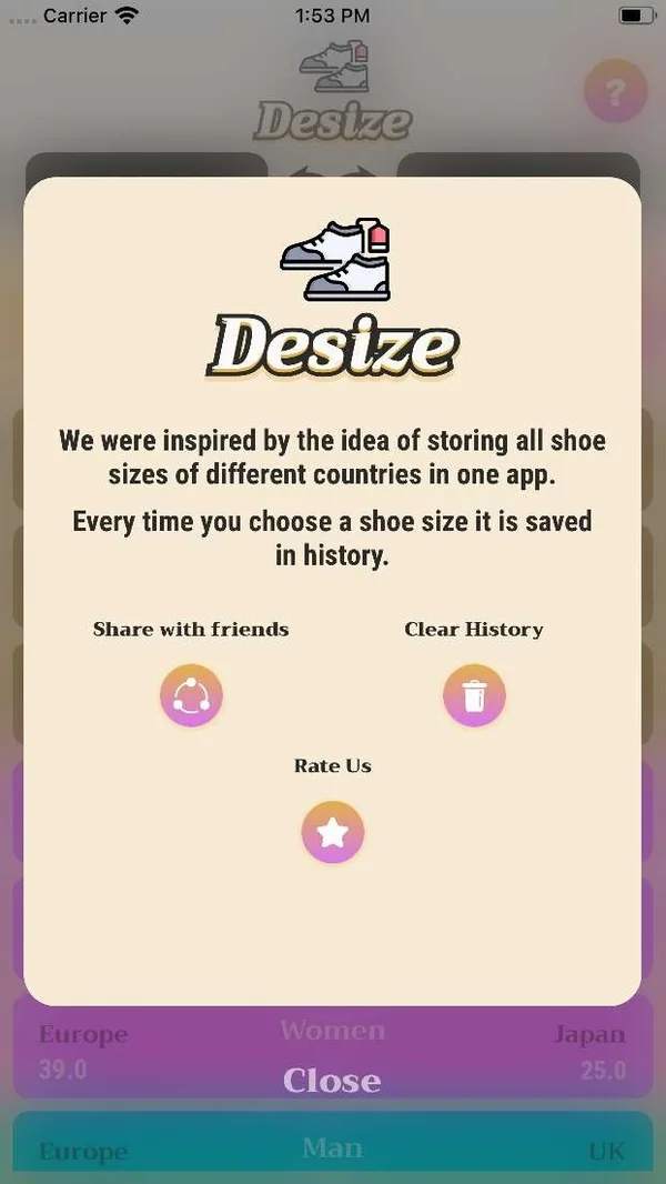 DeSize mobile interface