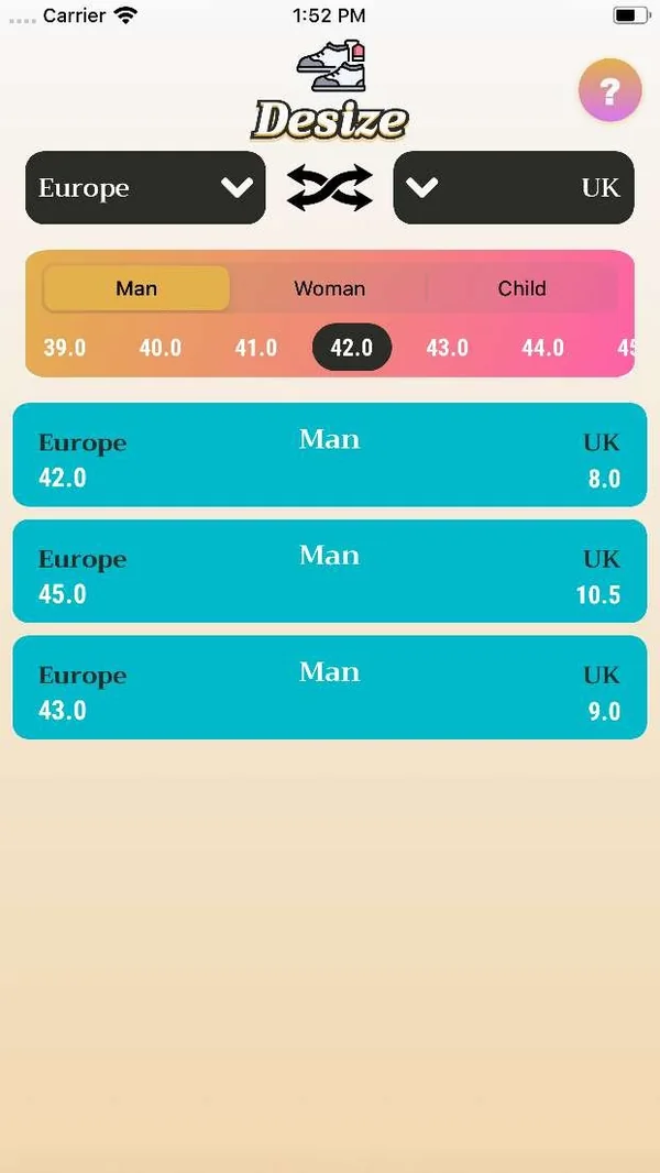 DeSize mobile interface