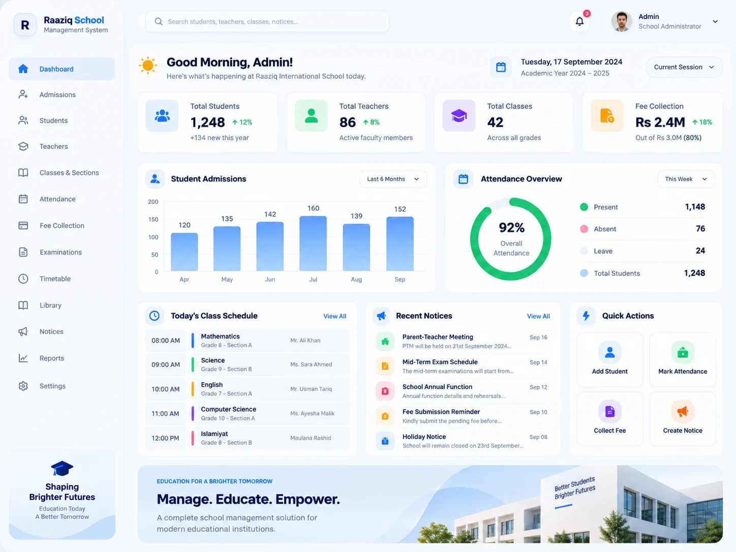 Premium School Management System dashboard