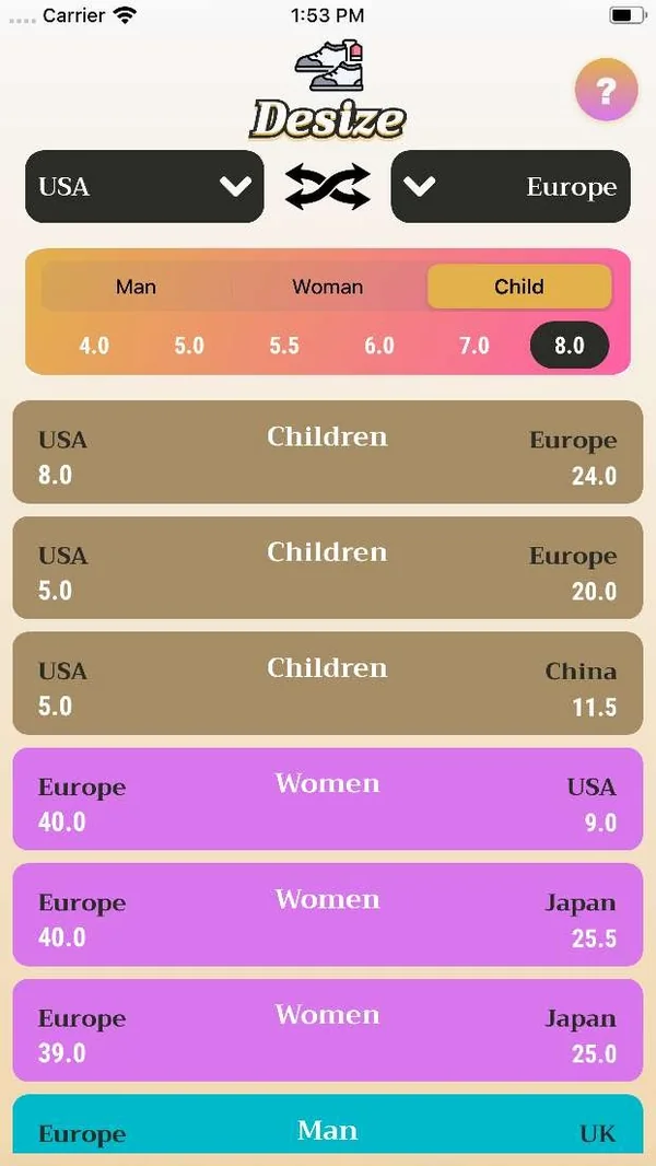 DeSize mobile interface